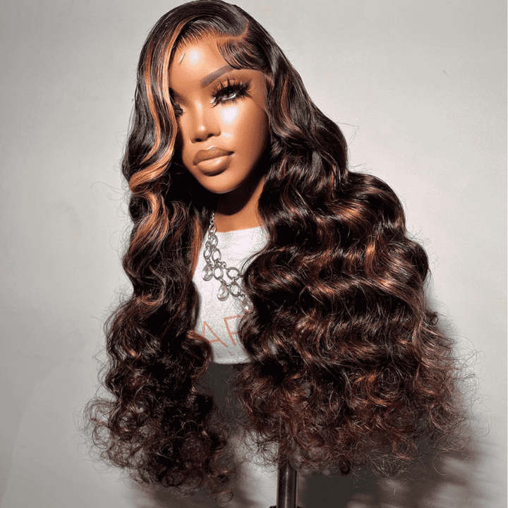 13x4 HD lace front wig, Brown Highlight Wand Curls, 250% high density