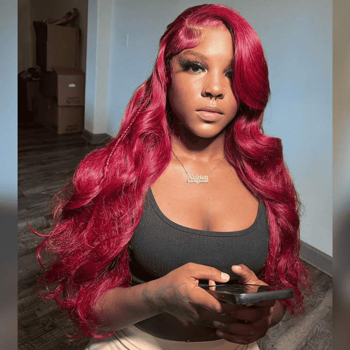 13x4 HD lace front wig, Burgundy 99J Red, 250% density human hair