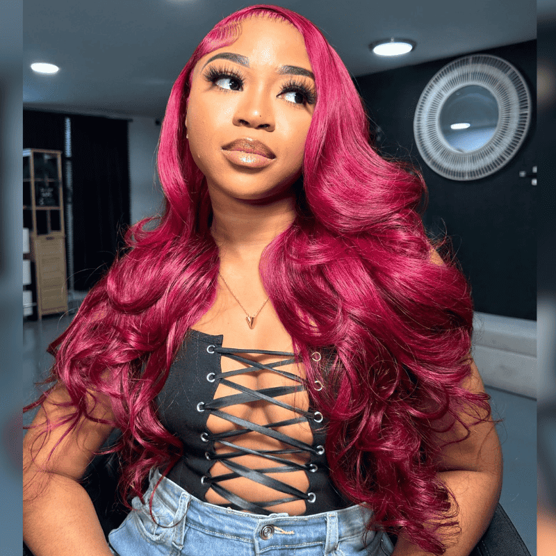 13x4 HD lace front wig, Burgundy Red, 250% density human hair