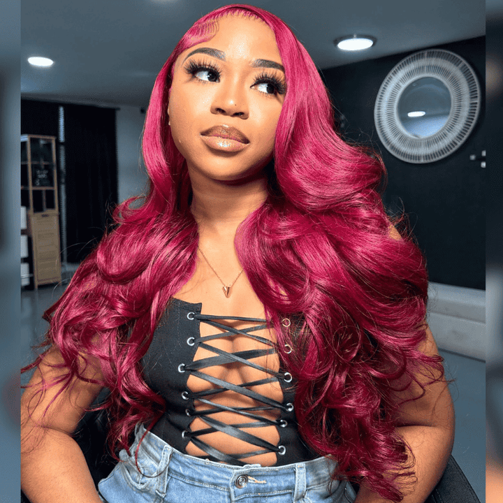 13x4 HD lace front wig, Burgundy Red, 250% density human hair