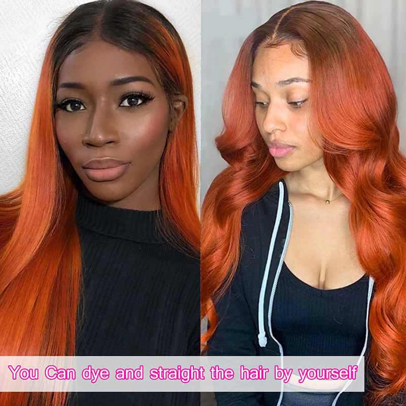 13x4 HD lace front wig, Ombre 1B/Ginger, 200% 250% density human hair