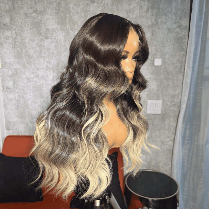 13x4 HD lace front wig, Ombre Brown Ash Blonde Highlight, 250% density