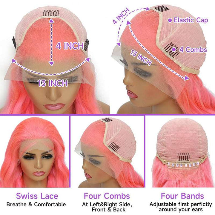 13x4 HD lace front wig, Pink color, 180% density human hair