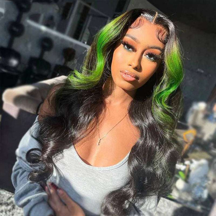 13x4 HD lace front wig, Skunk Stripe black hair, Green Streak Highlights