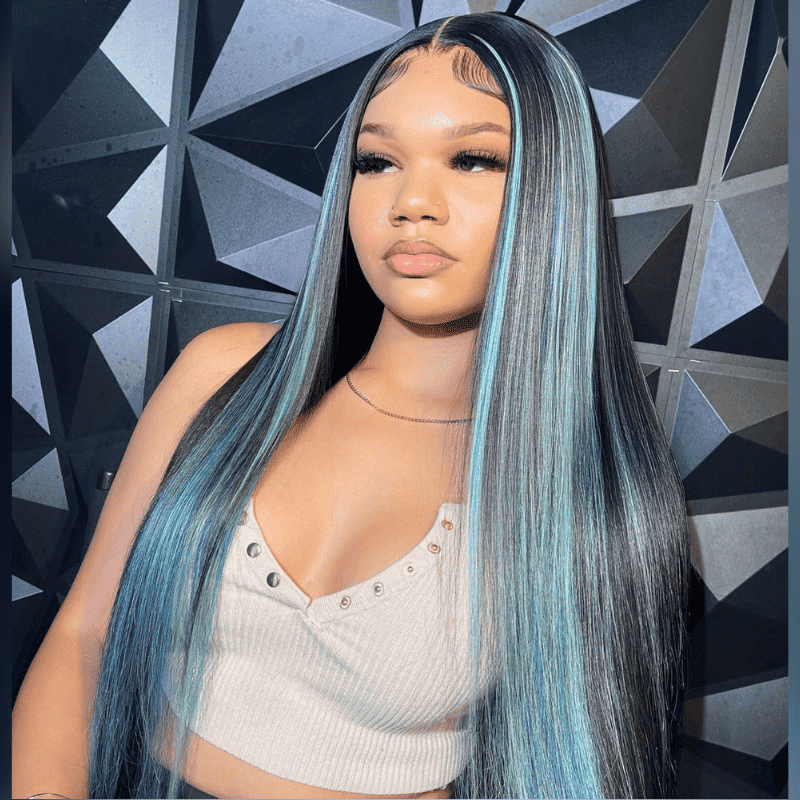 13x4 HD lace front wig, black hair with Light Blue Highlights, 250% density