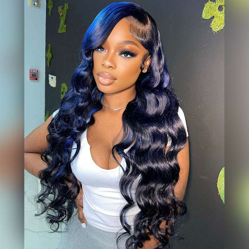 13x4 HD lace front wig, high density Blue Highlights loose deep wave curls