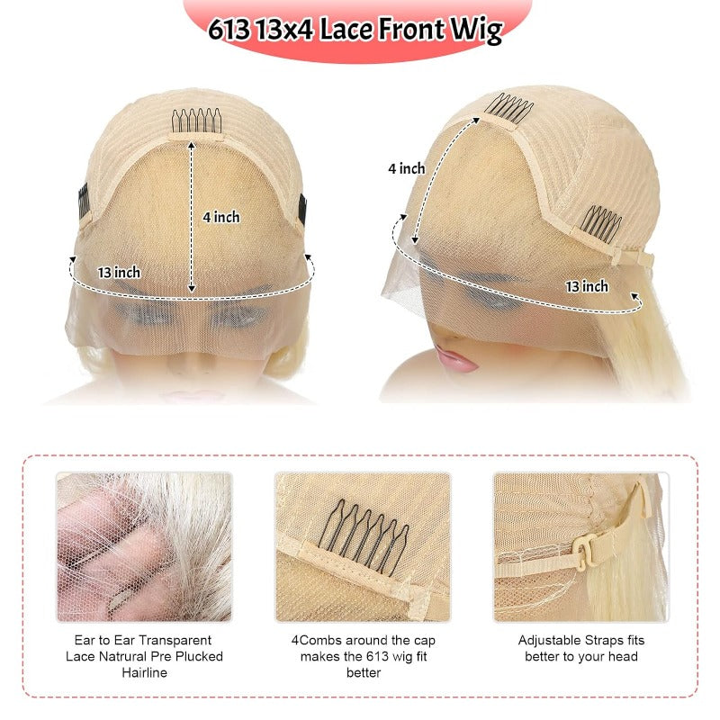 13x4 HD transparent lace 613 Blonde wig, pre-plucked, 180% density