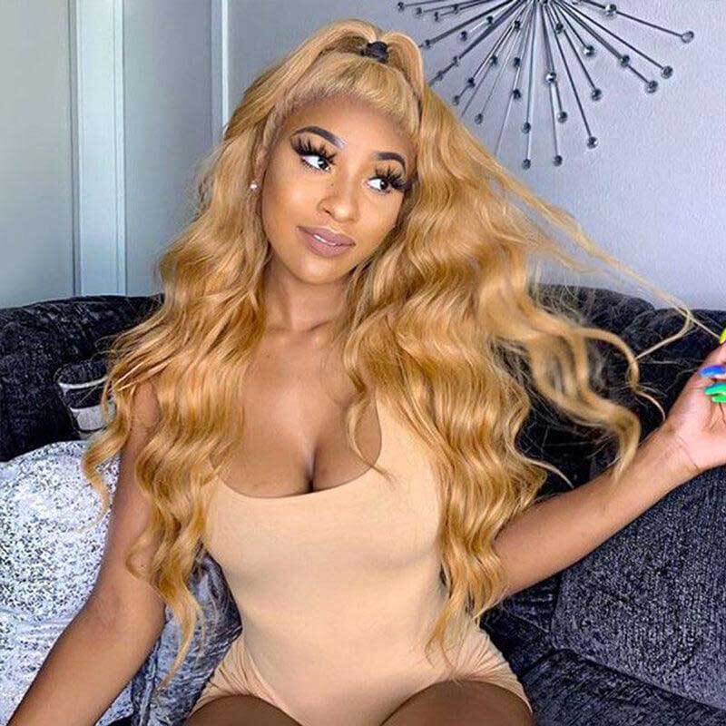 13x4 HD transparent lace front Body Wave human hair wig, #27 Honey Blonde