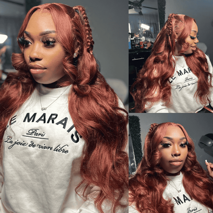 13x4 HD transparent lace front Body Wave human hair wig, Brownish Reddish Brown
