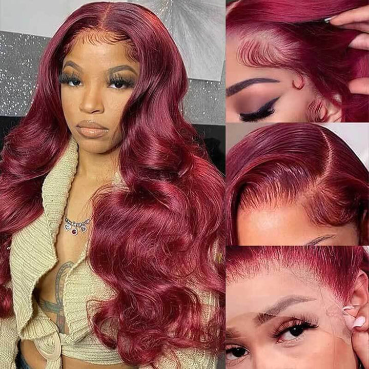 13x4 HD transparent lace front Body Wave human hair wig, Burgundy
