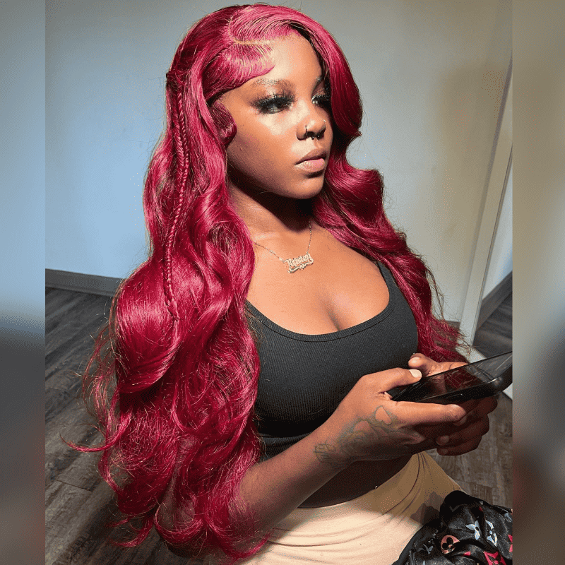 13x4 HD transparent lace front Body Wave human hair wig, Burgundy 99J Red