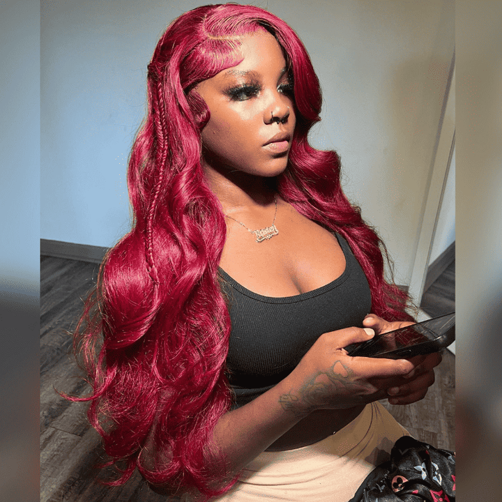 13x4 HD transparent lace front Body Wave human hair wig, Burgundy 99J Red