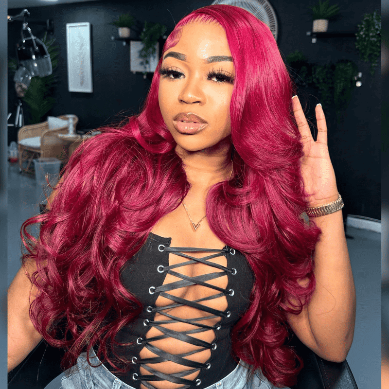 13x4 HD transparent lace front Body Wave human hair wig, Burgundy Red