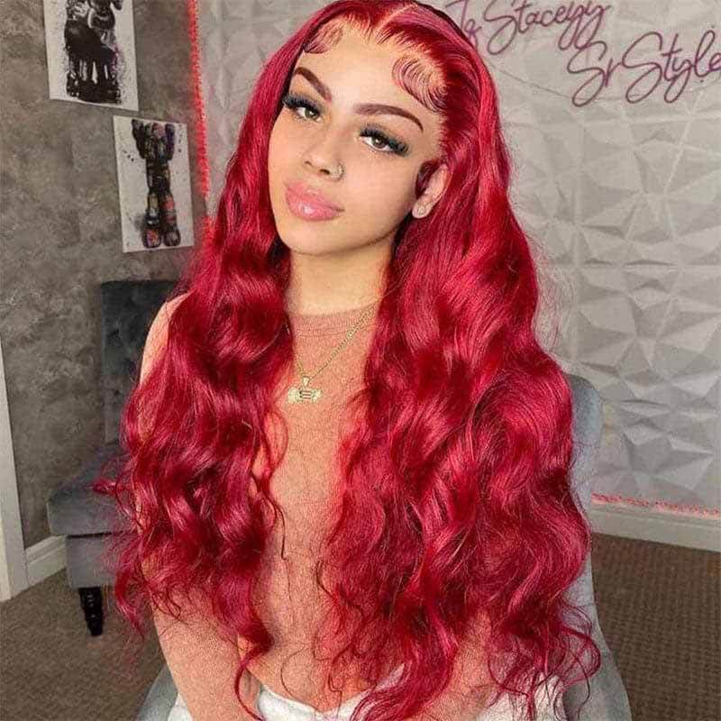 13x4 HD transparent lace front Body Wave human hair wig, Burgundy color