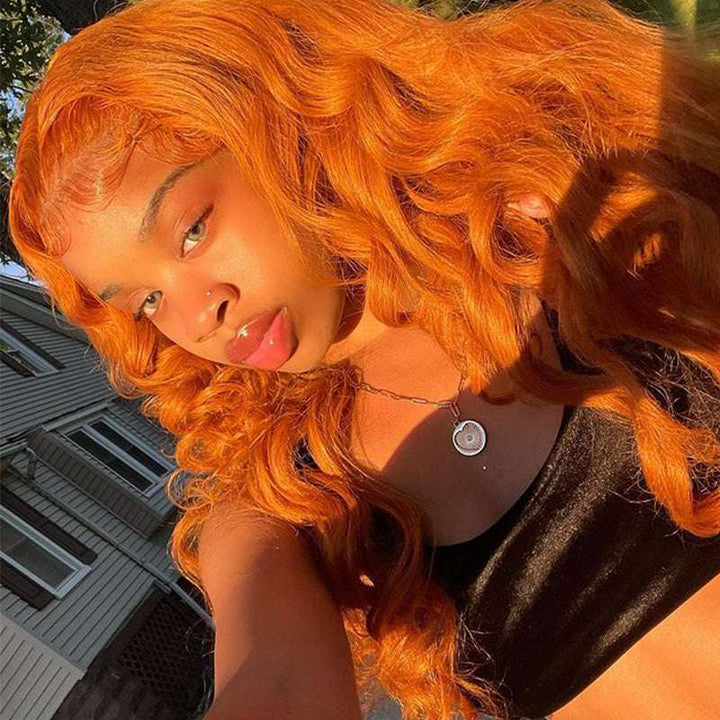 13x4 HD transparent lace front Body Wave human hair wig, Ginger color
