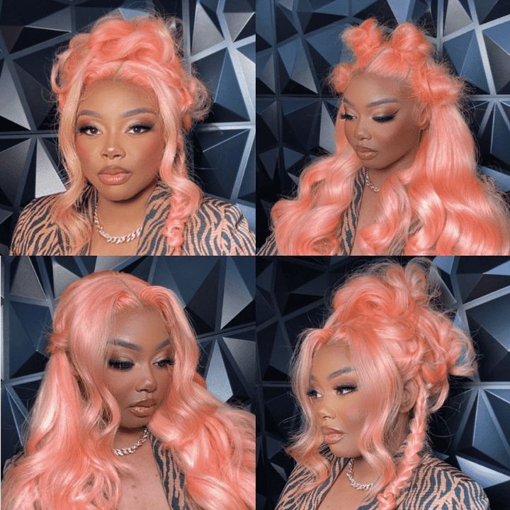 13x4 HD transparent lace front Body Wave human hair wig, Light Baby Pink