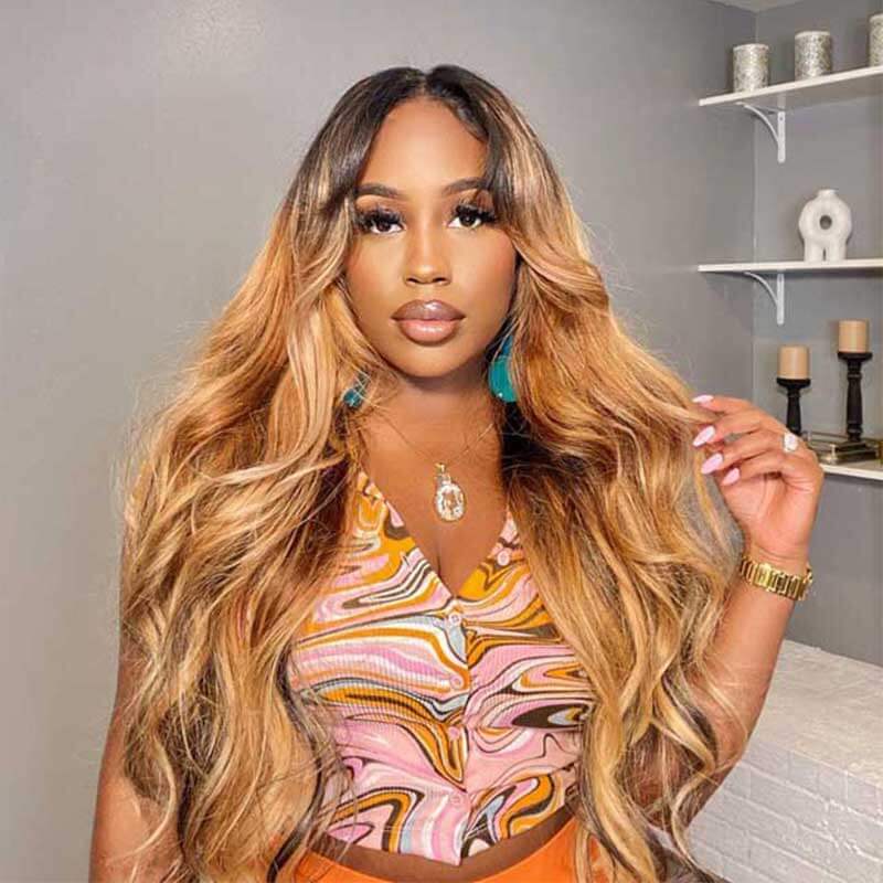 13x4 HD transparent lace front Body Wave human hair wig, Ombre 1B27
