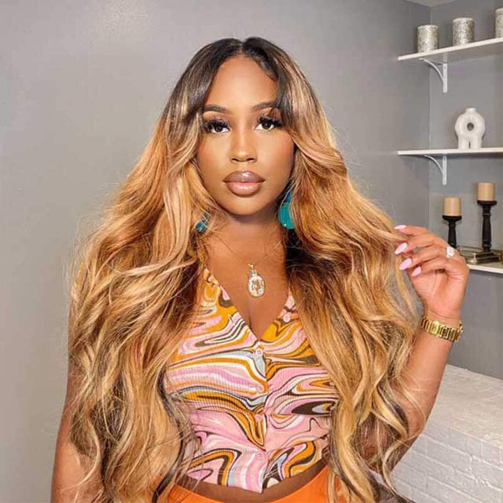 13x4 HD transparent lace front Body Wave human hair wig, Ombre 1B27
