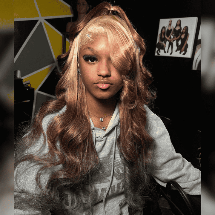 13x4 HD transparent lace front Body Wave human hair wig, Ombre Blonde Brown
