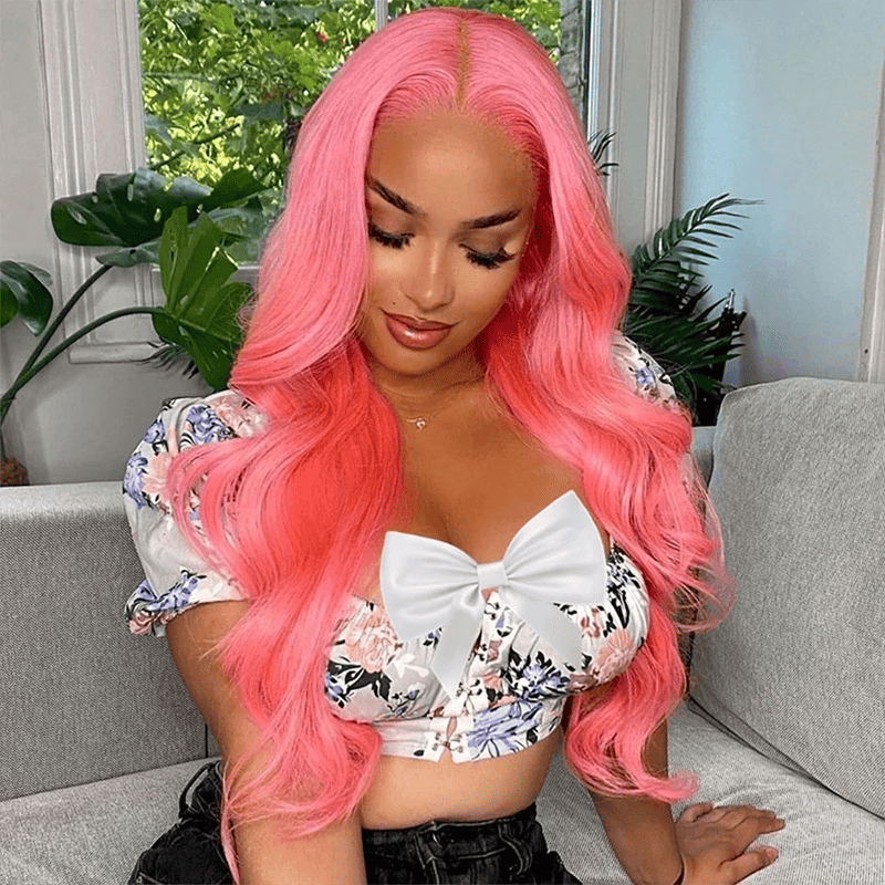 13x4 HD transparent lace front Body Wave human hair wig, Pink color