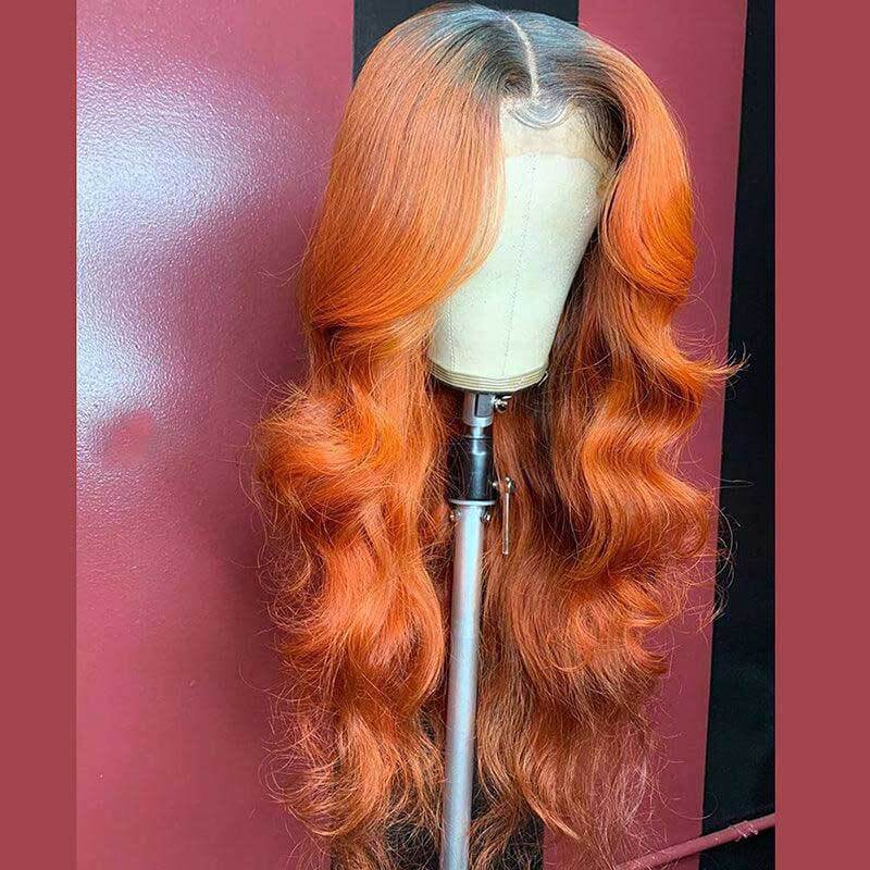 13x4 HD transparent lace front Body Wave wig, 1B/Ginger ombre color