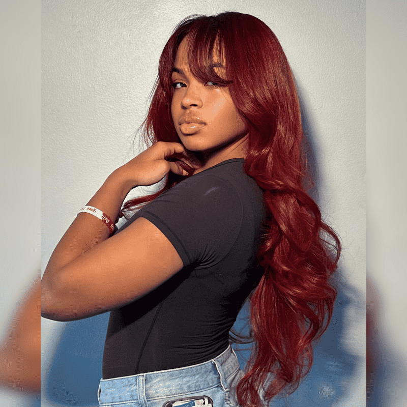 13x4 HD transparent lace front Body Wave wig, 99J Burgundy with curtain bangs