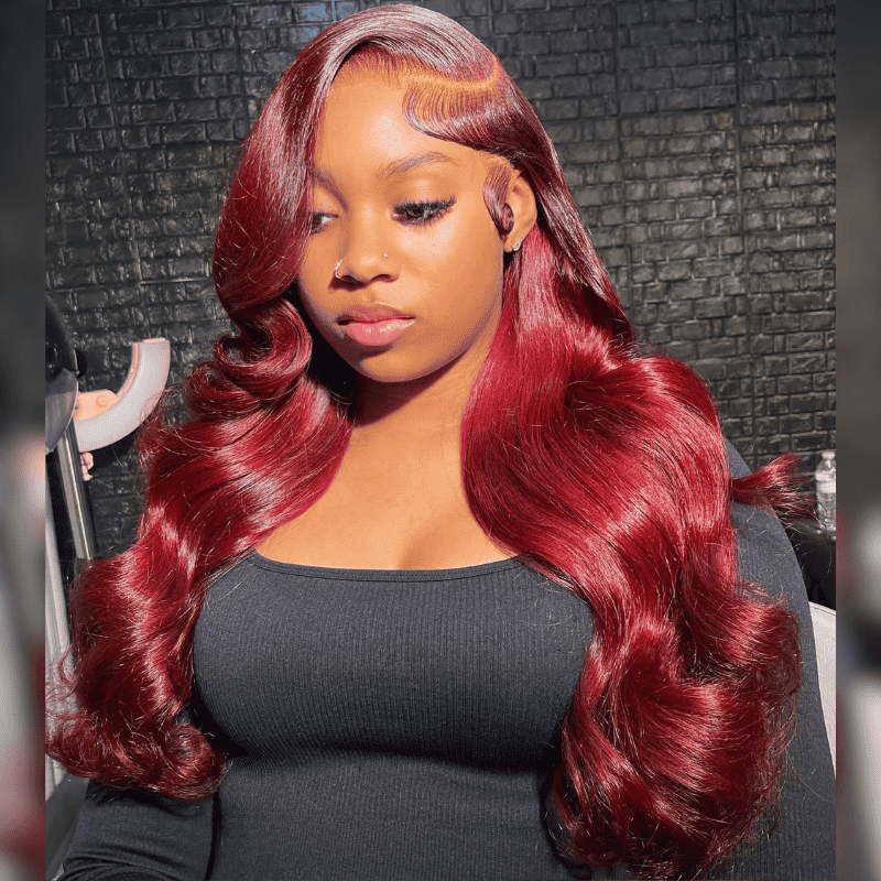 13x4 HD transparent lace front Body Wave wig, 99J Red color