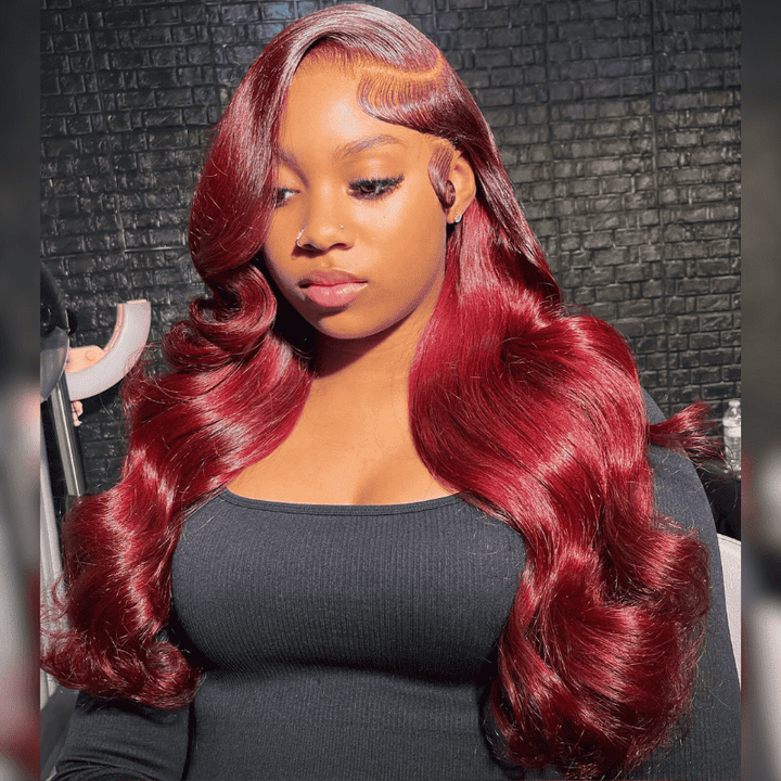 13x4 HD transparent lace front Body Wave wig, 99J Red color