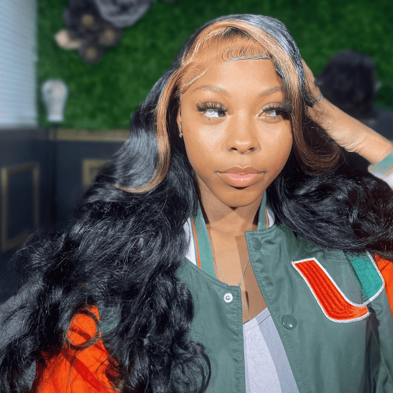 13x4 HD transparent lace front Body Wave wig, Brown Skunk Stripe
