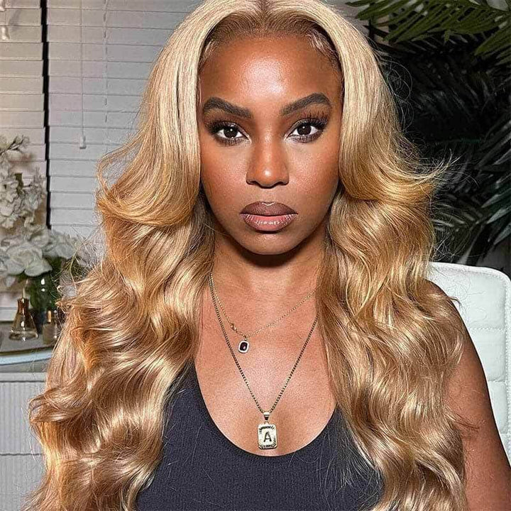 13x4 HD transparent lace front Body Wave wig, Honey Blonde #27 color