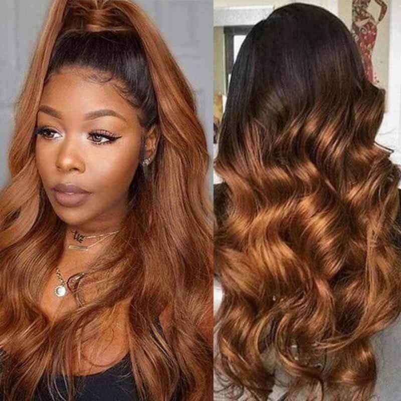 13x4 HD transparent lace front Body Wave wig, Ombre 1B27 1B30
