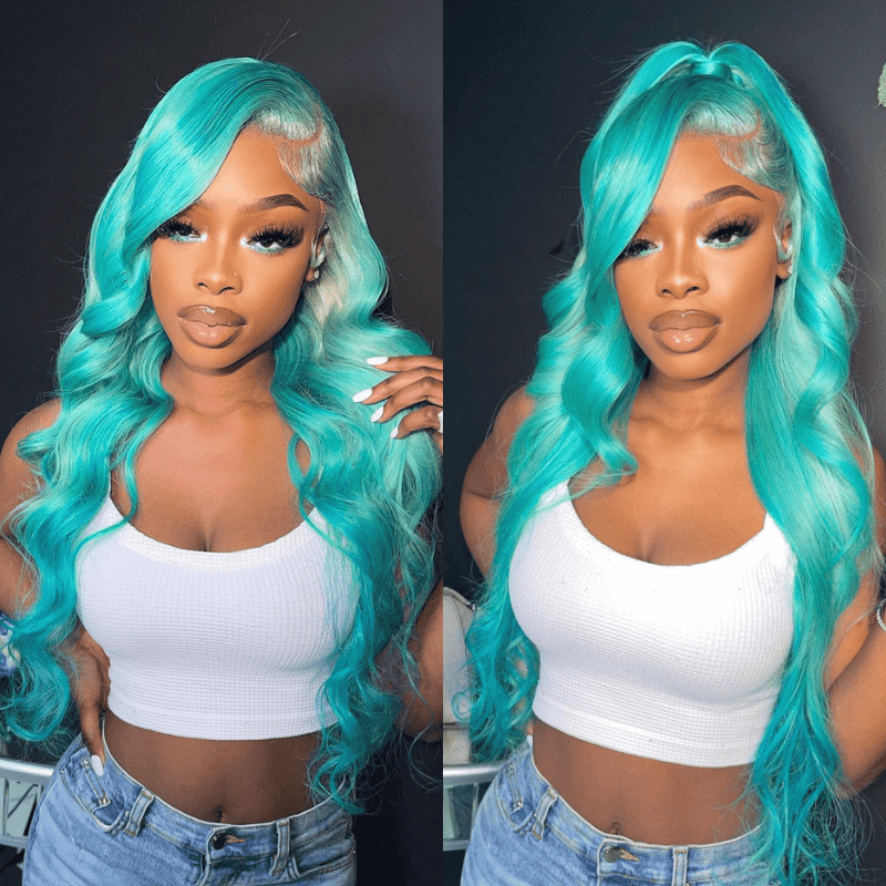 13x4 HD transparent lace front Pastel Green wig, Straight and Body Wave