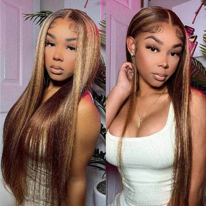 13x4 HD transparent lace front straight wig, 4/27 Highlight, 250% density