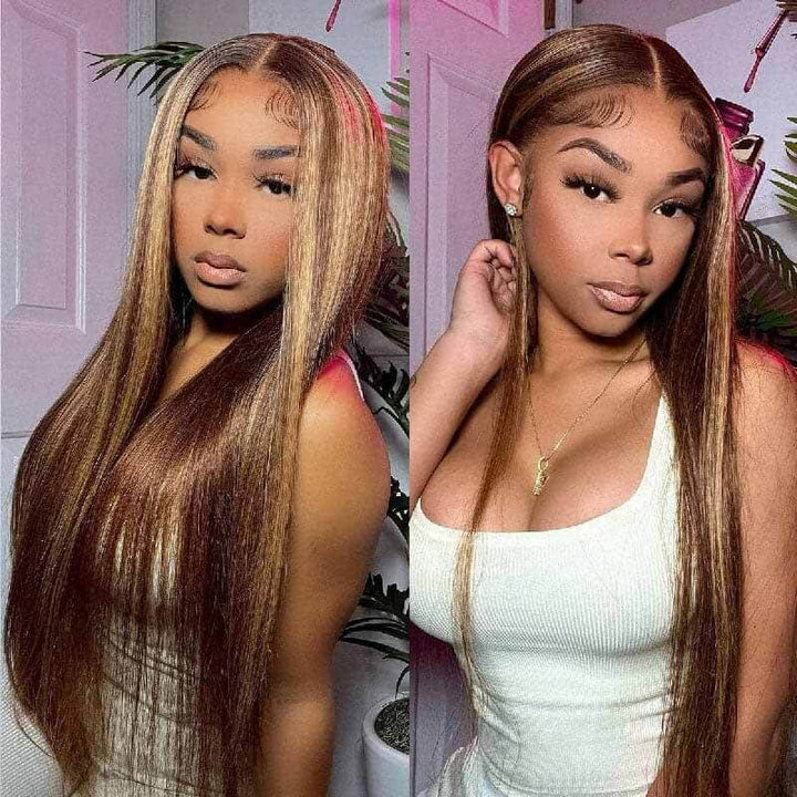 13x4 HD transparent lace front straight wig, 4/27 Highlight, 250% density