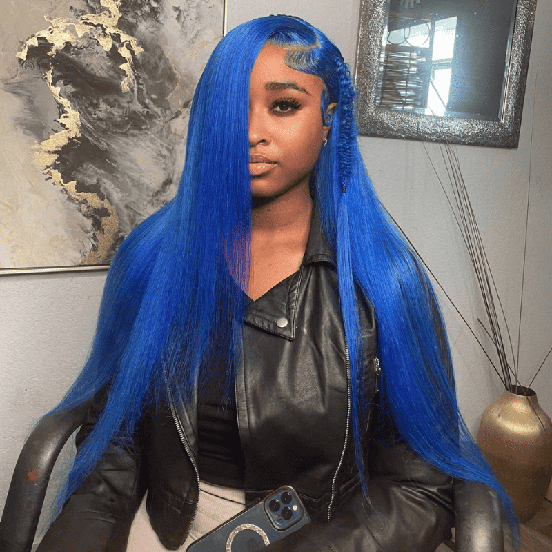 13x4 HD transparent lace front wig, Blue color, Body Wave style