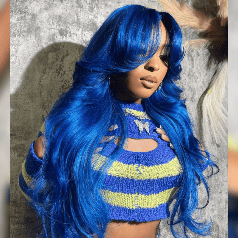 13x4 HD transparent lace front wig, Blue color, Body Wave style, curtain bangs
