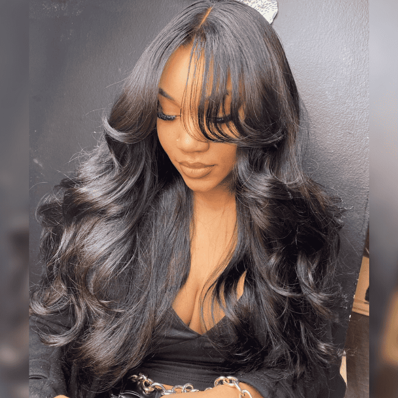 13x4 HD transparent lace front wig, Body Wave style, curtain bangs