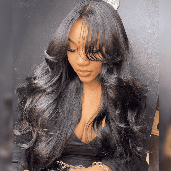 13x4 HD transparent lace front wig, Body Wave style, curtain bangs