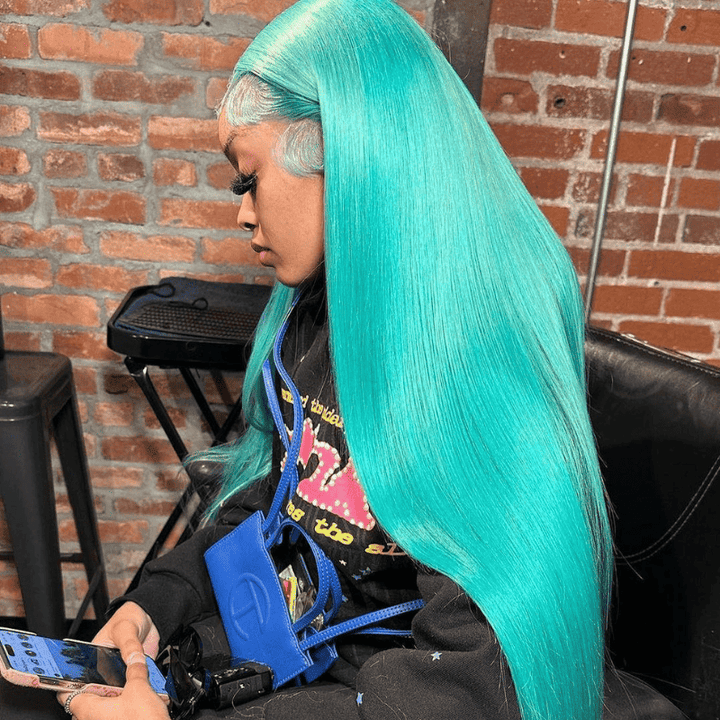 13x4 HD transparent lace front wig, Ocean Aqua Blue human hair