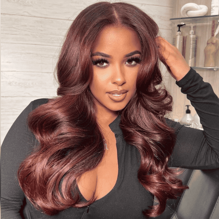 13x4 HD transparent lace front wig, Reddish Brown, Body Wave, curtain bangs