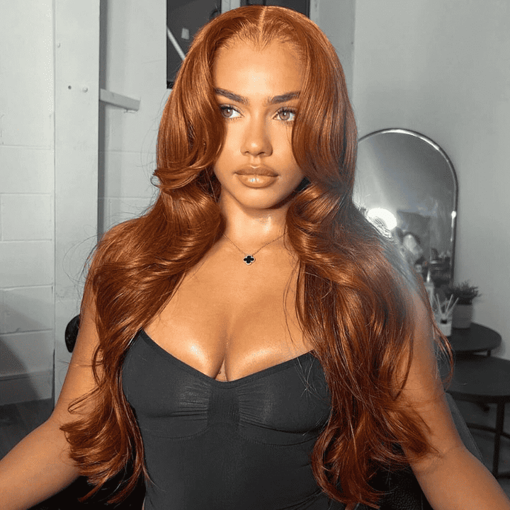 13x4 HD transparent lace front wig, Reddish Brown, Body Wave style, curtain bangs