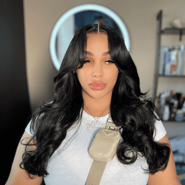 13x4 HD transparent lace front wig with curtain bangs, Body Wave