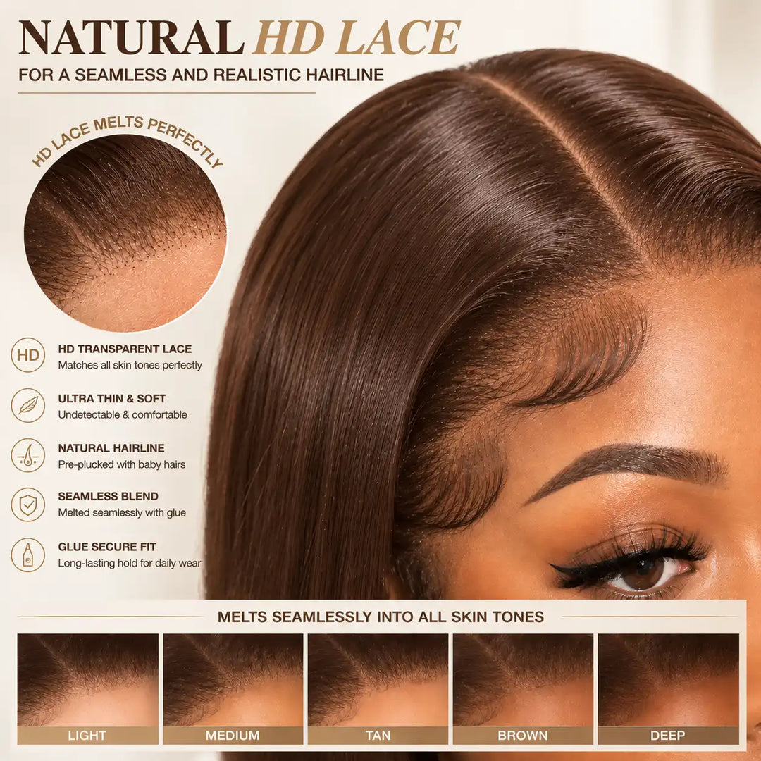 13x4 HD transparent lace front wig with large cap 23.5 inch size and chocolate brown color, allowing flexible parting