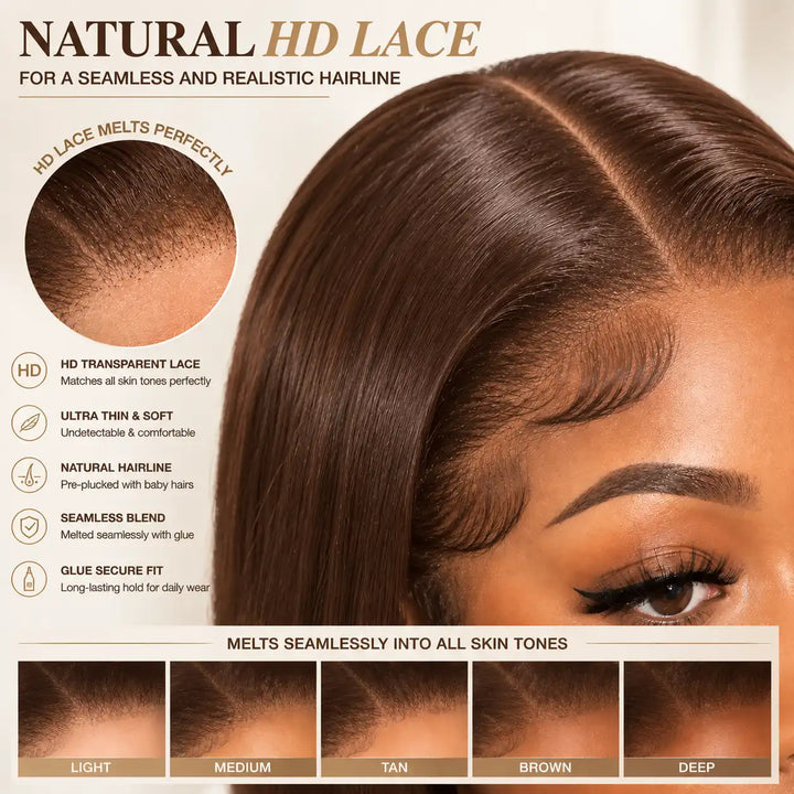13x4 HD transparent lace front wig with large cap 23.5 inch size and chocolate brown color, allowing flexible parting