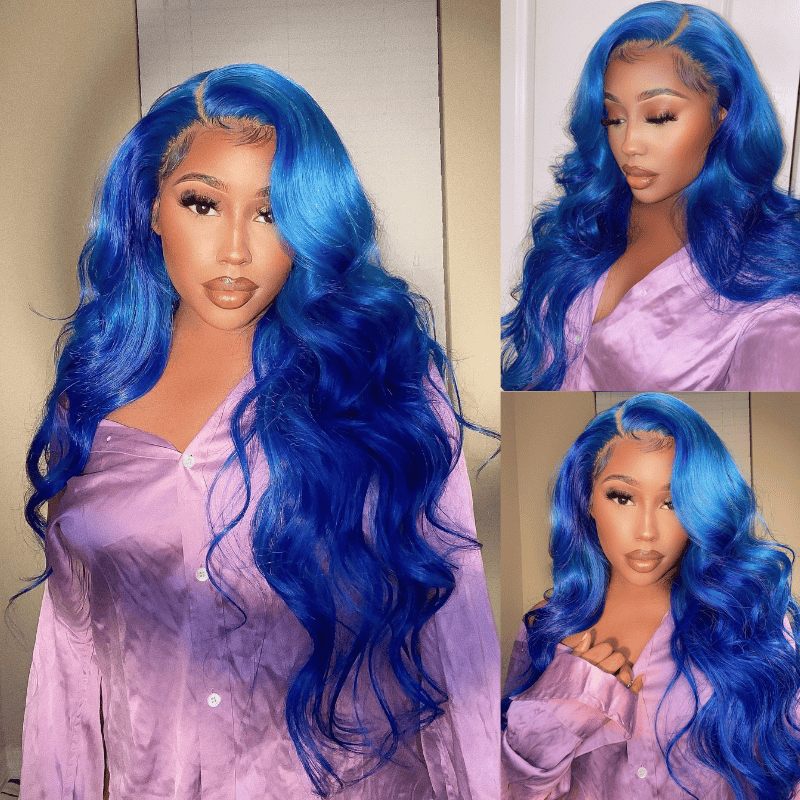 13x4 HD transparent lace front wig, Blue color, Body Wave style