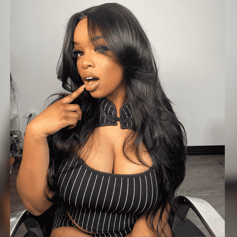 13x4 HD transparent lace front wig, Body Wave style, curtain bangs