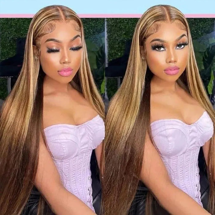 13x4 Lace Front P4/27 Highlight Straight Human Hair Wig Natural Hairline