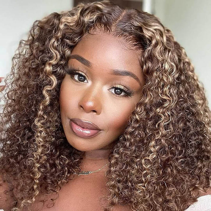 13x4 glueless lace front bob wig, Jerry Curly texture, Highlight 4/27 color