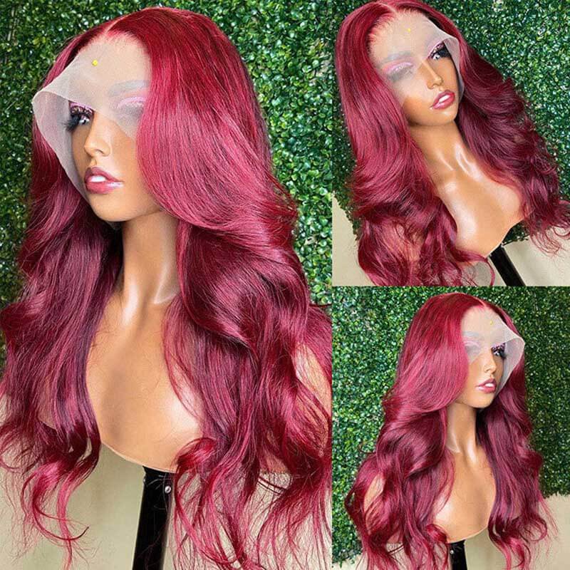 13x4 glueless lace front wig, Burgundy color, 180% density Body Wave