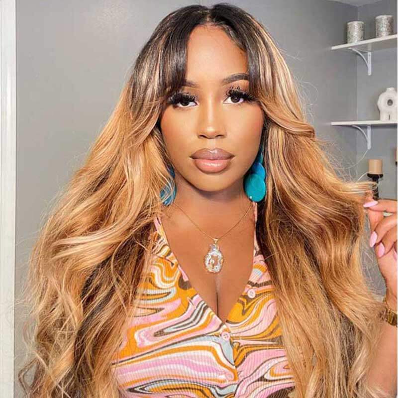 13x4 glueless lace front wig, Ombre 1B27 color, 180% density Body Wave